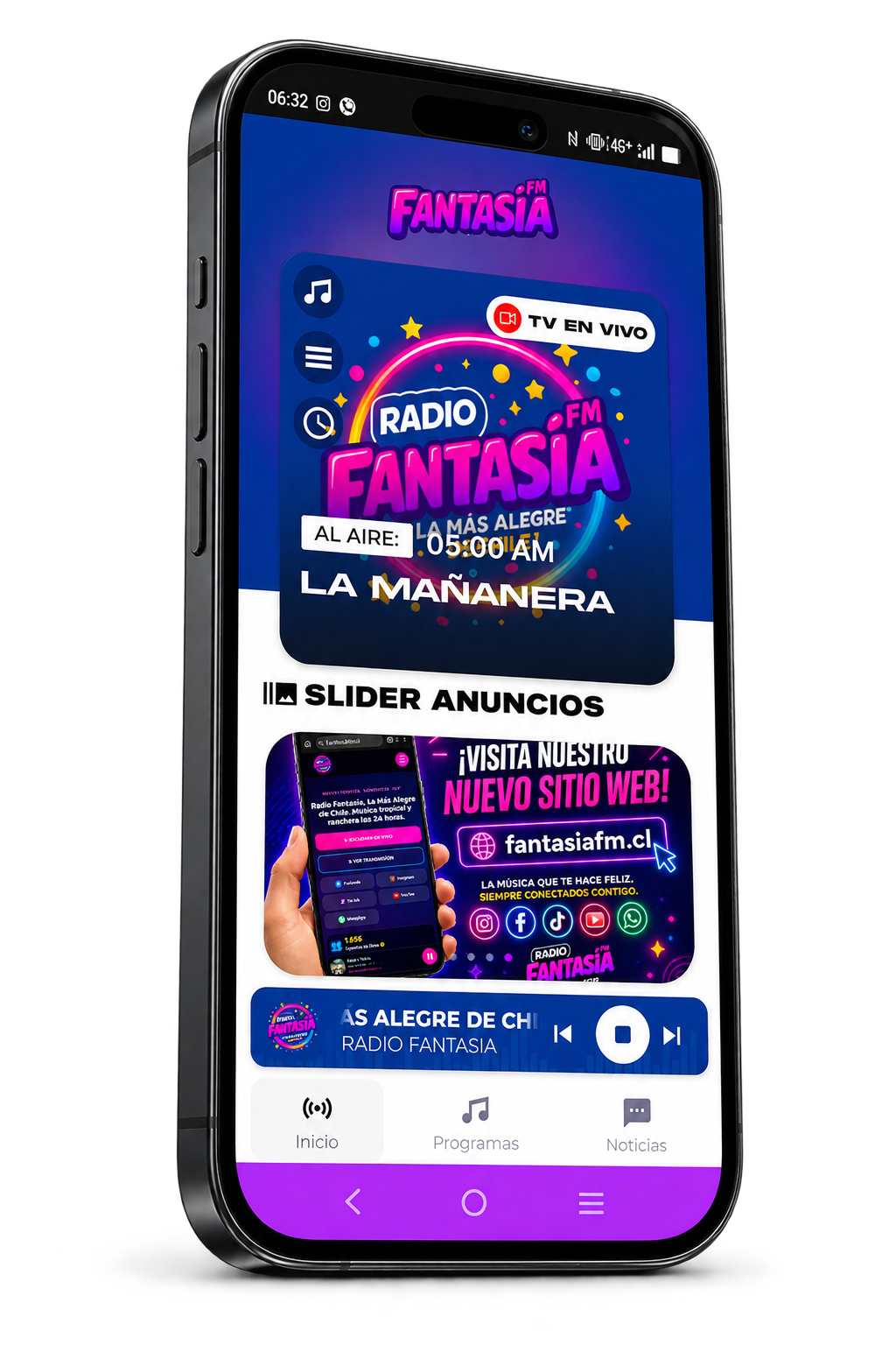 Aplicación Radio Fantasía dentro de un celular